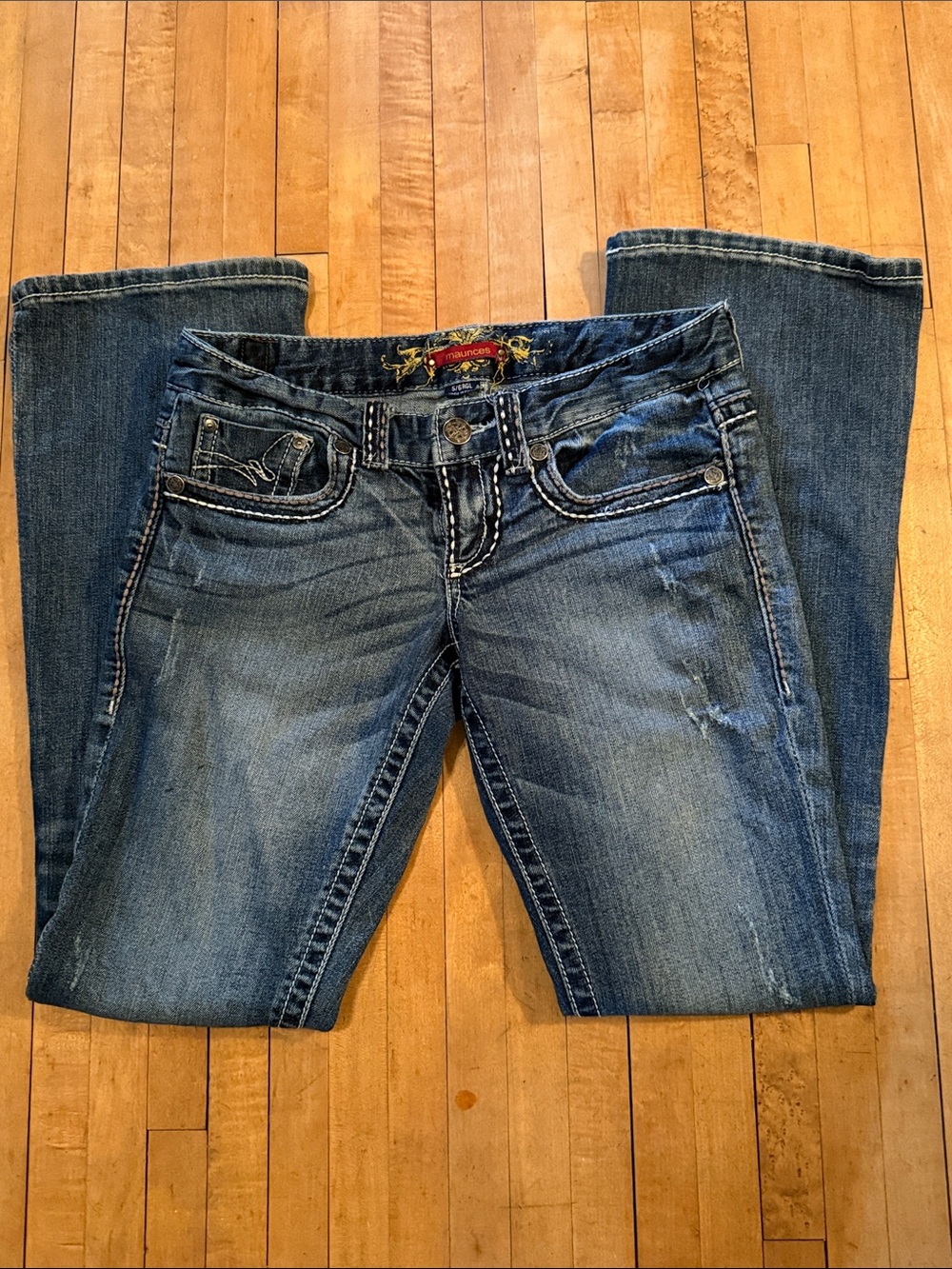 Maurices Dark-Medium Blue Bootcut Jeans Waist low rise distressed